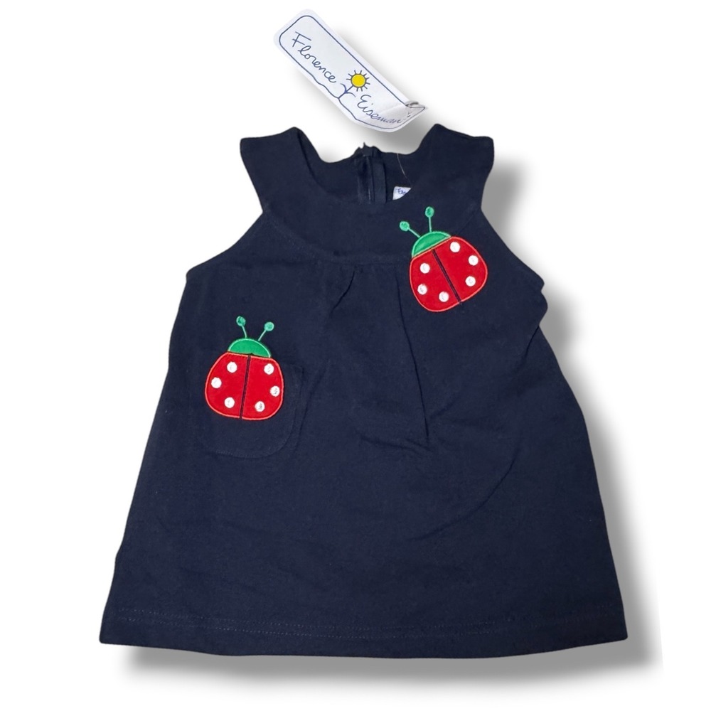 Florence Eiseman Ladybug Dress Baby Girl 12M Navy Blue Play Applique Garden NEW